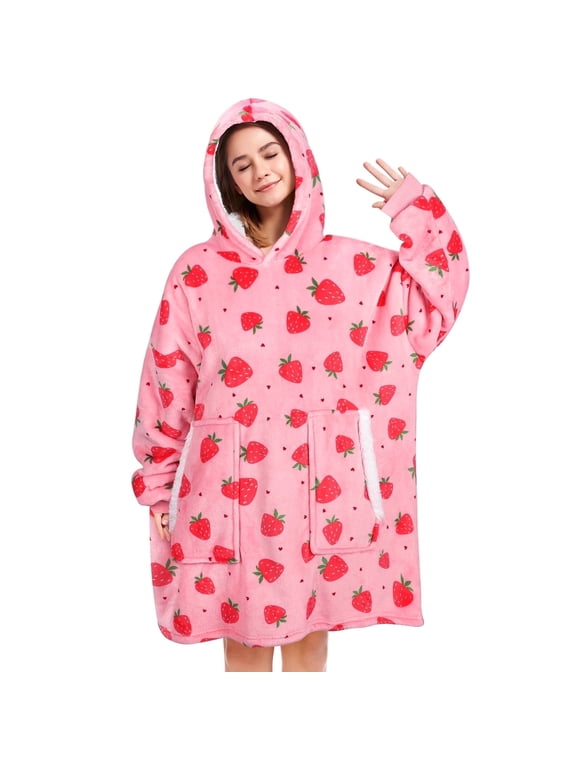 Wearable Blanket Hoodie Sweater, Blanket Sweatshirt with Sleeves Blanket Hoodies for Women, Plush Hoodie Blanket(Strawberry)