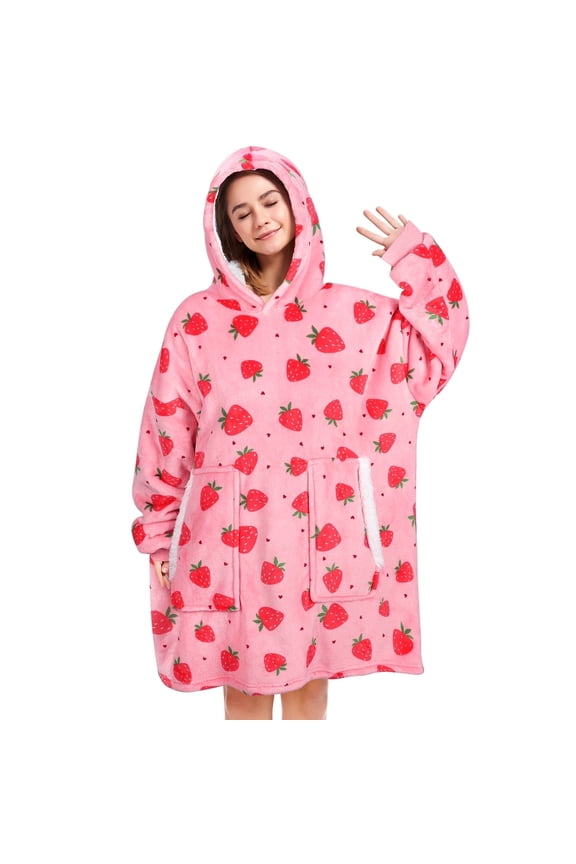 Wearable Blanket Hoodie Sweater, Blanket Sweatshirt with Sleeves Blanket Hoodies for Women, Plush Hoodie Blanket（Strawberry）