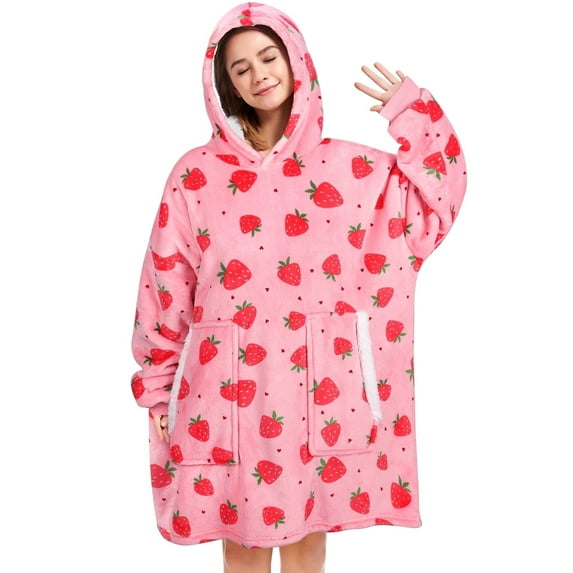 Livhil Wearable Blanket Hoodie Sweater, Blanket Sweatshirt with Sleeves Blanket Hoodies for Women, Plush Hoodie Blanket(Strawberry)