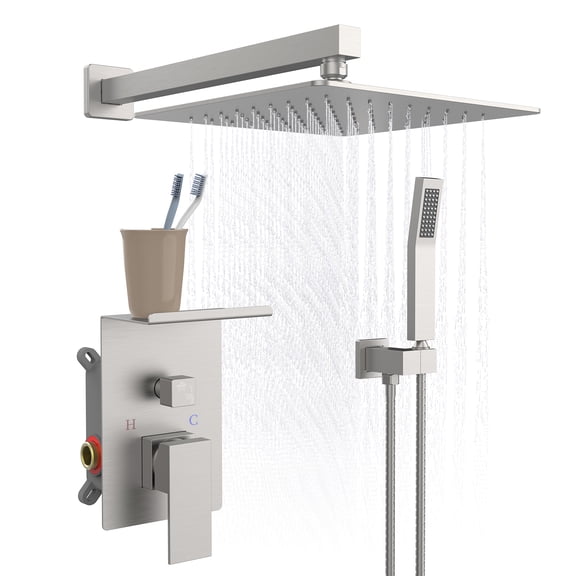 LiviNest 10 Inch Square Rainfall Shower System with Storage Rack, Brushed Nickel High Pressure Shower Faucet Set with Handheld Sprayer, Wall Mount Complete Shower Head Set for Bathroom Renovation