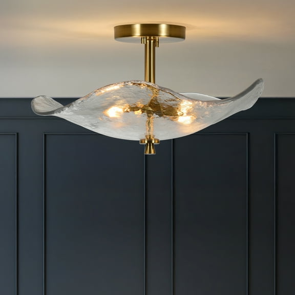 LiviNest 16.5" Modern Semi Flush Mount Ceiling Light: Gold Cracked Petal Glass Fixture with Dimmable Touch Control - 2-Light Close to Ceiling Design for Bedroom Bathroom Hallway Kitchen Dining Room