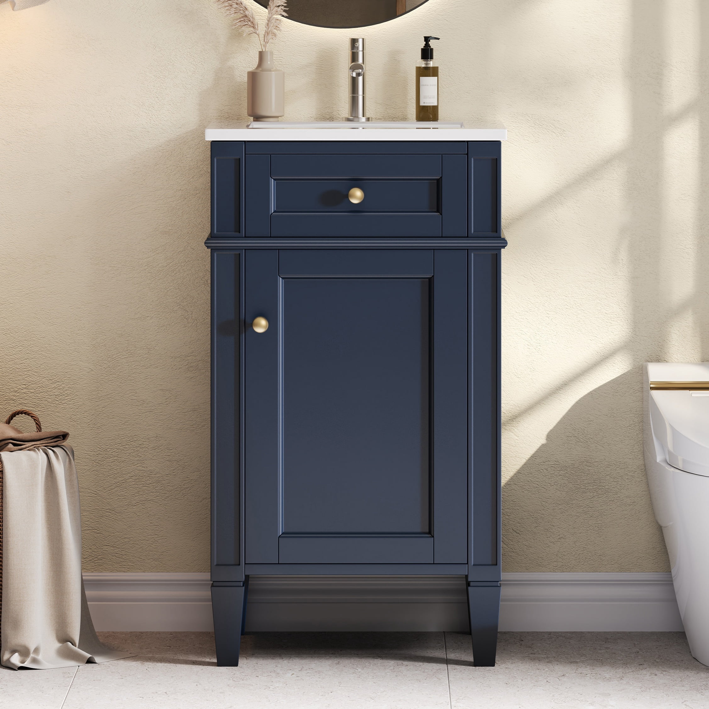 LiviNest 18-inch Small Bathroom Vanity with Sink: Space-Saving French Style Vanity for Small Bathrooms - Freestanding Ceramic Sink Cabinet with Soft Close Door & Adjustable Shelf Blue