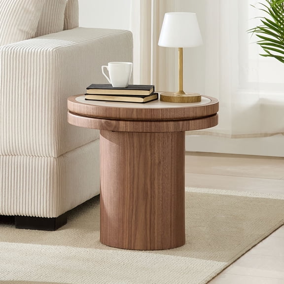 LiviNest 19.49 Inch Round Side Table with Sintered Stone Top, No Assembly Walnut End Table for Living Room Bedroom, 240 lbs Capacity