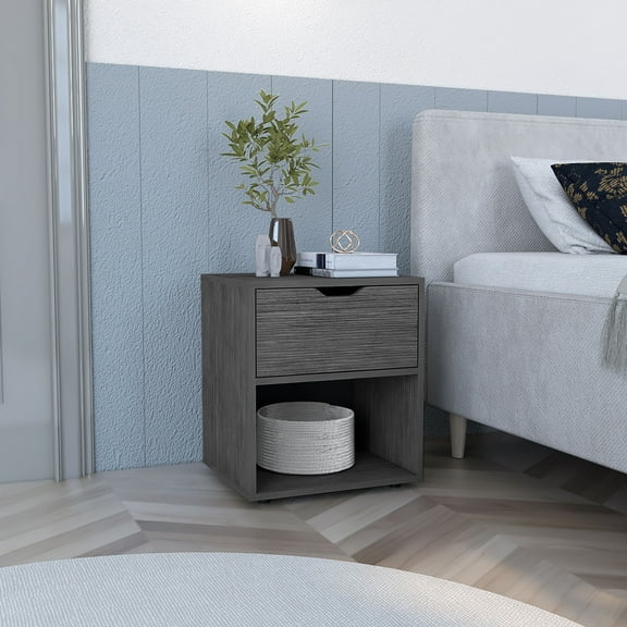 LiviNest 19.7" Small Light Gray Nightstand with Open Shelf, Compact Bedside End Table with Drawer for Small Bedroom