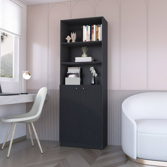 LiviNest 2-Door Bookcase Storage Cabinet: Modern Black Engineered Wood Furniture with Multi-Level Shelves & Double Door Design - Home Office Storage Solution for Small Spaces & Professional Workspace