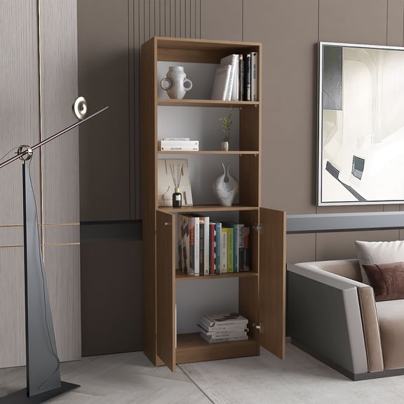 LiviNest 2-Door Bookcase with Upper Shelves, Brown Engineered Wood, Combination Open Display and Concealed Storage Cabinet for Living Room, Home Office, Bedroom, 71.1 inch Tall