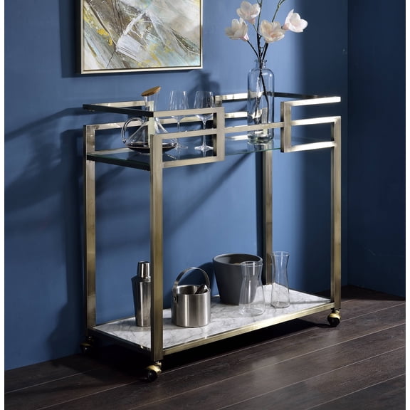LiviNest 2-Tier Serving Cart: Mobile Bar Cart with Tempered Glass & Faux Marble Top - Brass Finish Metal Frame & Locking Wheels for Living Room Kitchen & Home Bar