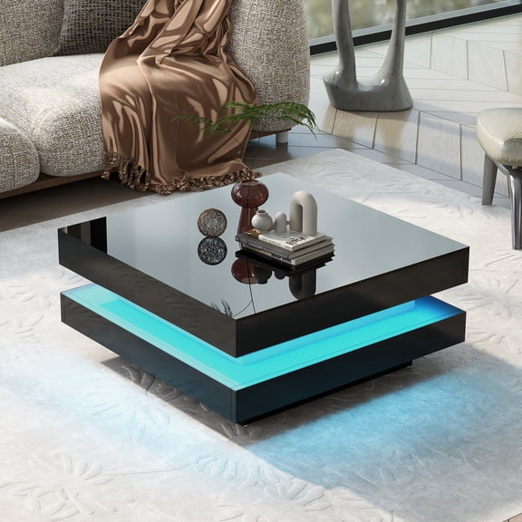 LiviNest 2-Tier Square Coffee Table with LED Lights, High Gloss Black Center Table for Living Room, 31.5 Inch with Storage Shelf, 110 lbs Capacity