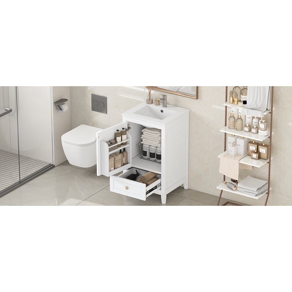 LiviNest 20-Inch Small Bathroom Vanity: 20" Space-Saving Vanity with Sink - 3-in-1 Storage Cabinet & Drawer for Apartment Guest Bath - White Modern Freestanding Vanity