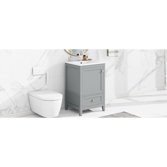 LiviNest 20" Bathroom Vanity for Small Space: 3-in-1 Sink Cabinet & Drawer - Soft Closing Door & 100lb Capacity for Apartment Guest Bathroom - Modern Grey MDF & Ceramic