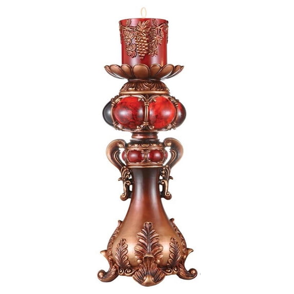 LiviNest 20 Inch Tall Decorative Candle Holder with Grape Vine Motif for Wine Enthusiasts - Vintage Bronze Finish & Red Marble Resin for Home Decor & Gifts