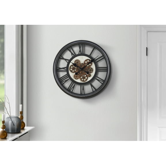 LiviNest 20 Inch Wall Clock for Living Room: Moving Gears & Roman Numerals - Large Round Statement Piece for Home Office & Dining Room Decor - Black Transitional Design with Silent Quartz Movement