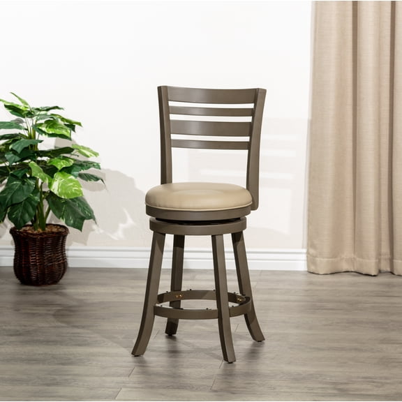 LiviNest 24" Counter Height Swivel Stool with Slat Back, Weathered Gray Finish, French Gray Bonded Leather Seat, 360-Degree Industrial Swivel, Solid Hardwood Frame, 300 lbs Capacity for Kitchen Islan