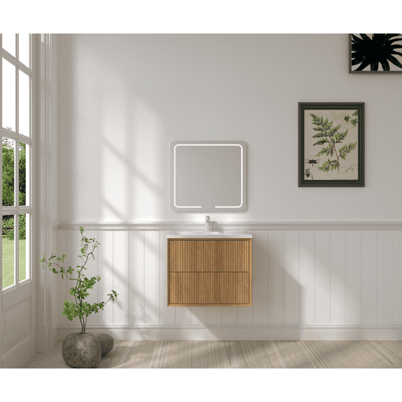 LiviNest 24 Inch Floating Bathroom Vanity with LED Mirror: Wall Mounted Modern Cabinet & 2 Push Open Drawers - Solid Wood SMC Resin Sink for Small Space & Apartment Bathroom