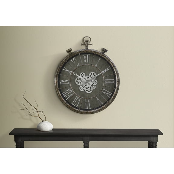 LiviNest 24 Inch Gear Wall Clock: Dynamic Moving Mechanism & Silent Quartz - Large Statement Piece for Living Room & Office - Rustic Grey Roman Numerals Transitional Decor