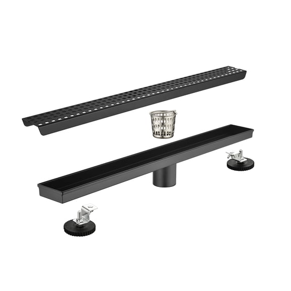 LiviNest 24 Inch Linear Shower Drain with Hair Strainer, Matte Black Stainless Steel with Leveling Feet