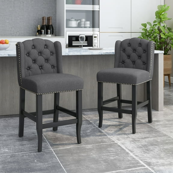 LiviNest 27 Inch Counter Stools Set: Tufted Wingback Bar Stools with Nailhead Accents - Rubberwood Frame & Fabric Upholstery for Cafe Bar & Kitchen Island - Commercial Grade Seating for Coffee Shop O