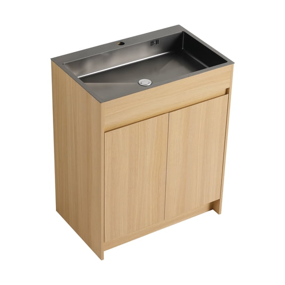 LiviNest 28" Freestanding Bathroom Vanity: KD-Packing Easy Assembly Modern Design - Oak Plywood Cabinet with Stainless Steel Sink & Soft Close Doors for DIY Home Renovation & Small Space Storage