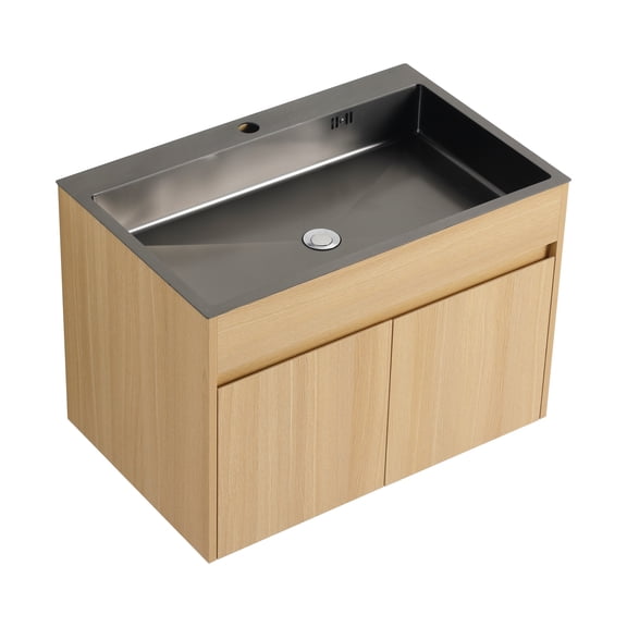 LiviNest 28" Wall Mounted Bathroom Vanity: Soft Close Cabinet with Stainless Steel Sink - Modern Oak Plywood Design for Vacation Rental & Small Space Bathrooms