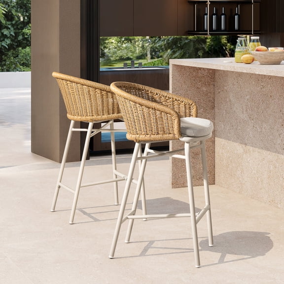 LiviNest 28" Wicker Back Outdoor Bar Stools Set of 2, Weather Resistant Axroma Olefin Cushions for Patio Bar Counter