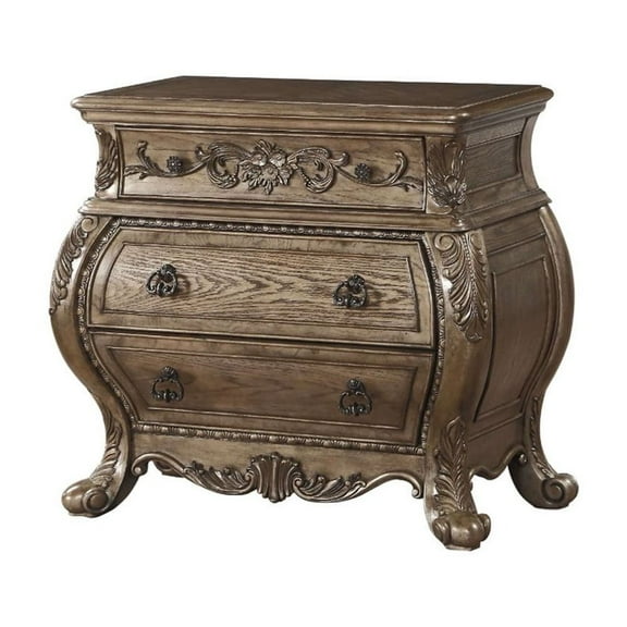 LiviNest 3 Drawers Nightstand Traditional Design - Bombay Shape Case with Felt Lined Top Drawer & Antique Pull Ring Handles - Vintage Oak Finish Wooden Scrolled Legs for Antique Restoration Studio