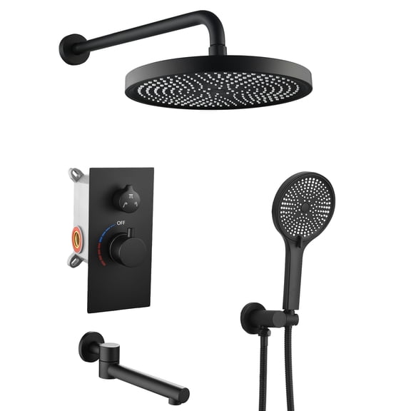 LiviNest 3-Function Shower System, 10" Overhead Rainfall Shower Head, 3-Spray Handheld with Bathtub Spout, Wall-Mounted Solid Brass Control Valve, Matte Black