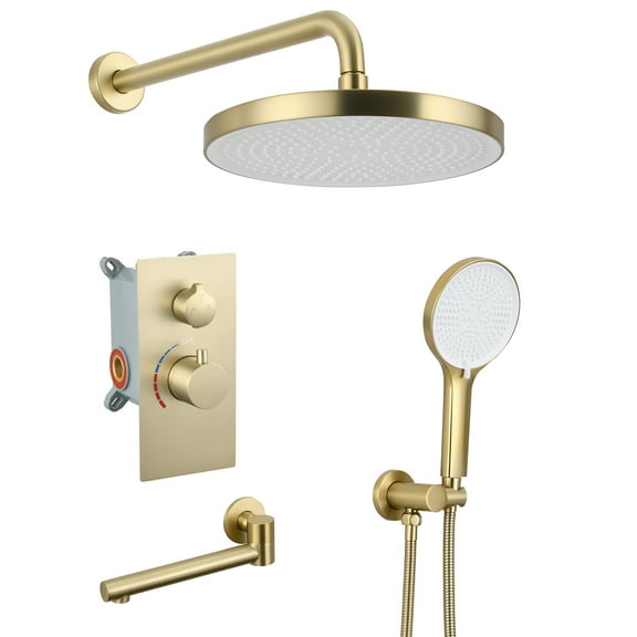LiviNest 3-Function Wall-Mounted Shower System, Solid Brass Control Valve with 10" Overhead Rainfall Shower, 3-Spray Handheld, and Bathtub Spout, Brushed Gold