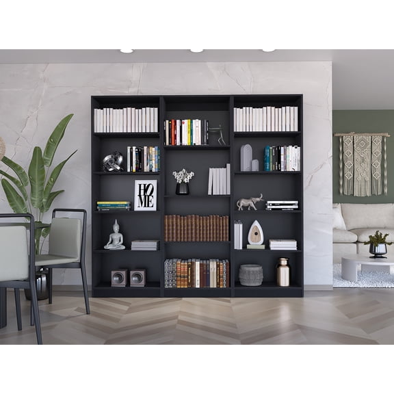 LiviNest 3 Piece Bookcase Set 74" Wide: Modern Black Manufactured Wood Storage - 14 Shelves Compact Design for Small Apartments & Studio Living Spaces