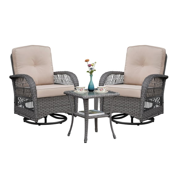 LiviNest 3-Piece Outdoor Wicker Swivel Rocking Bistro Set, 360-Degree Swivel Rocker Chairs with Tempered Glass Side Table, All-Weather Resin Wicker, Grey