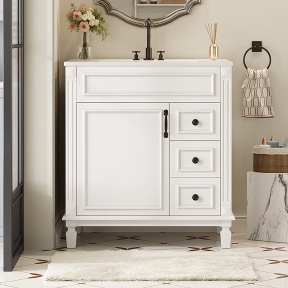 LiviNest 30" Bathroom Vanity with Ceramic Sink: French Style Small Bathroom Cabinet with 2 Drawers & Adjustable Shelf - Compact Storage for Homeowners & Renters