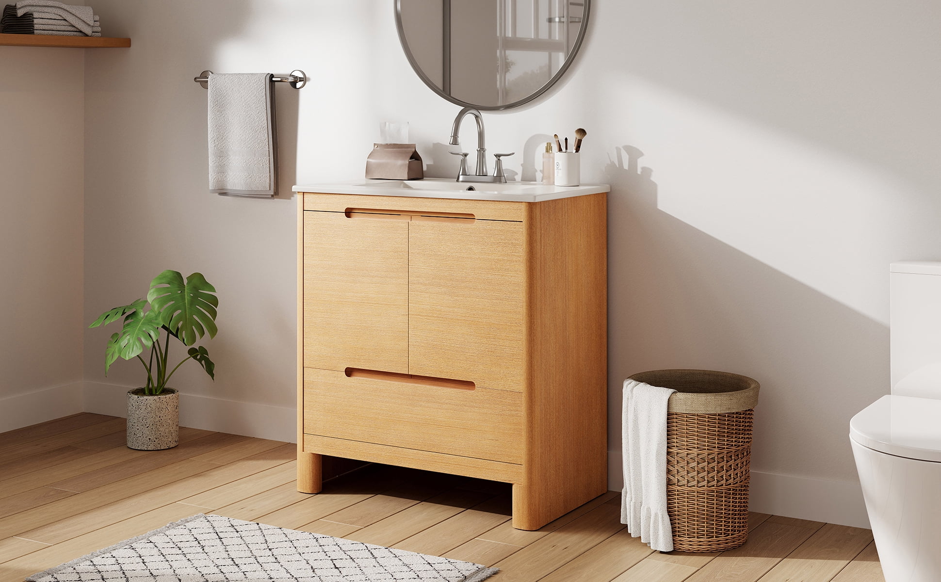 LiviNest 30" Bathroom Vanity for Small Space: 5 Storage Zones & 110lb Top - Soft-Close Doors & Drawer - Adjustable Shelf & Ceramic Sink All-in-One Package