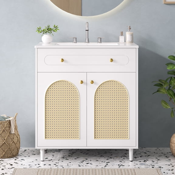 LiviNest 30 Inch Bathroom Vanity with Sink: 3-in-1 Storage System with Tip-Drawer & Adjustable Shelf - Modern White Rattan Cabinet for Small Bathrooms & Apartments - Ceramic Basin & Solid Wood Frame