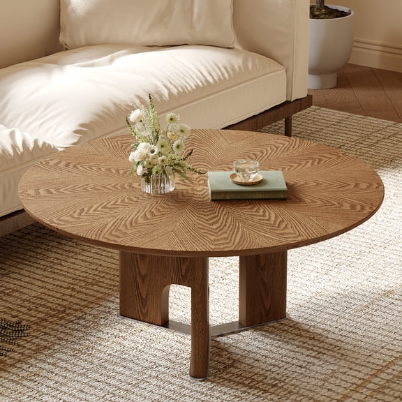 LiviNest 31.5 Inch Round Coffee Table, Ash Wood Veneer, 38cm Low Profile for Small Living Room, Wobble-Free Stability