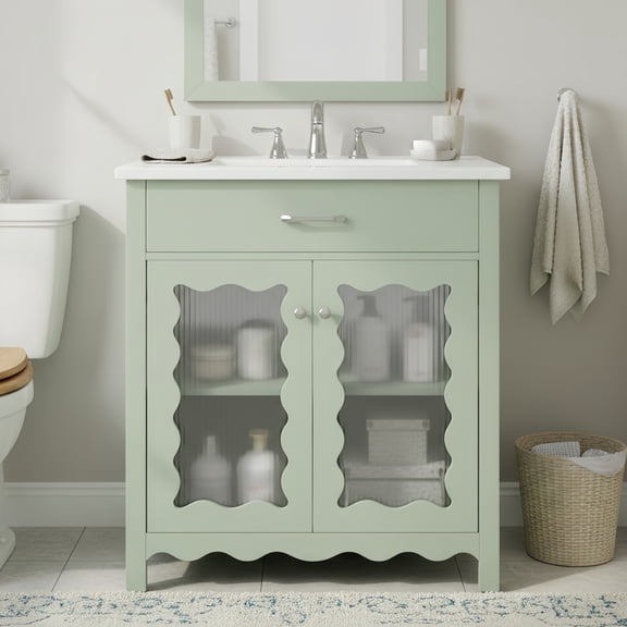 LiviNest 31" Small Bathroom Vanity: Space-Saving Compact Design with Sink - Vertical Striped Tempered Glass Doors Hide Clutter & Visually Expand Space - Modern Green Cabinet with Soft-Close Hinges &
