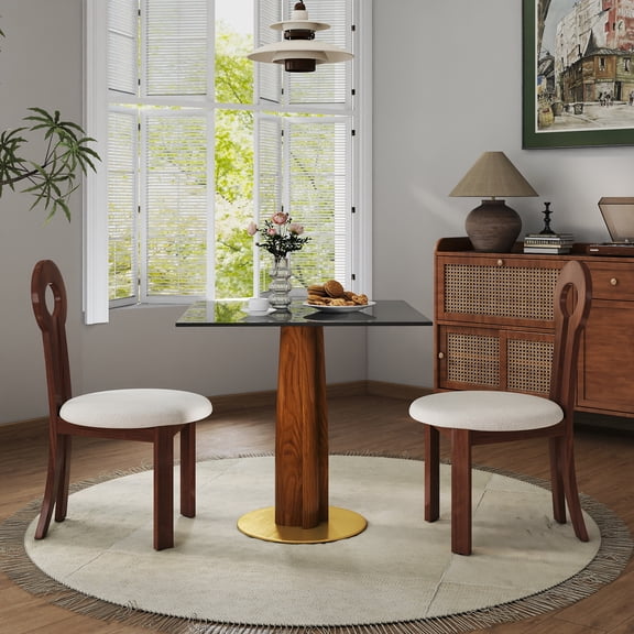 LiviNest 33.5 Inch Square Dining Table for Small Spaces, Tempered Glass Top with Wooden Leg and Gold Base, 2-Person Kitchen Table, 150 lbs Capacity