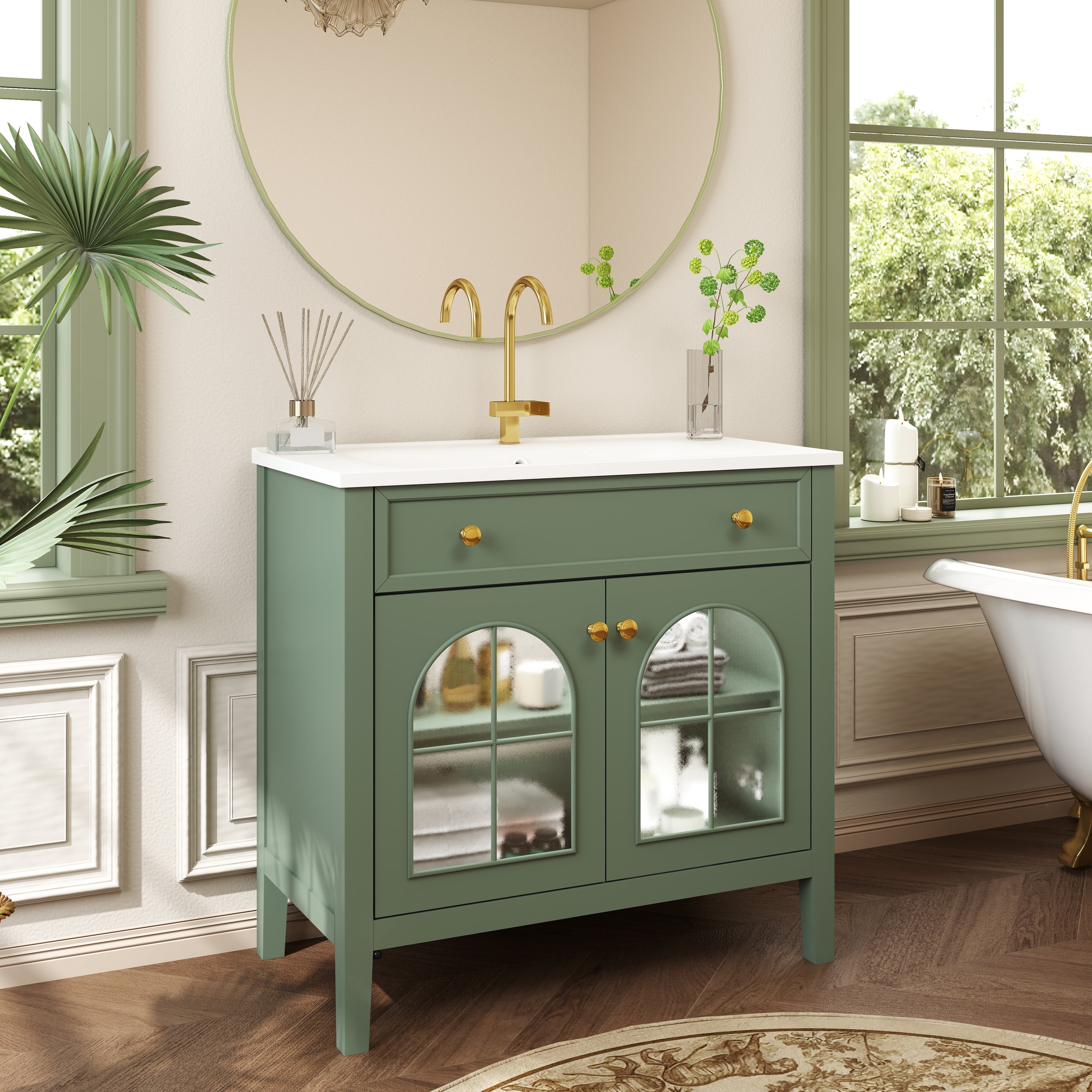 LiviNest Motion-Sensor Bathroom Vanity: 0-Second Auto-Light Medieval Vanity - Ample Storage for Apartment Bathrooms & Guest Powder Rooms - Green Freestanding Vanity with Patterned Glass