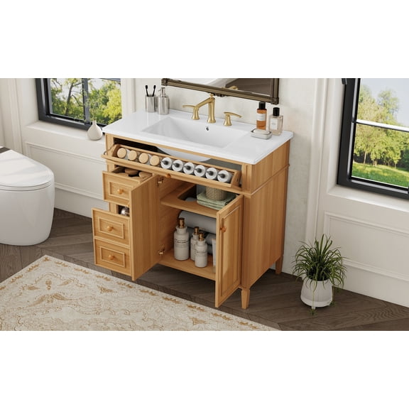 LiviNest 36 Inch Bathroom Vanity with Sink: Modern Wood Vanity Cabinet with Flip-Out Drawer & Soft-Close Doors - Solid Wood & MDF Construction for Small Bathrooms & Guest Suites