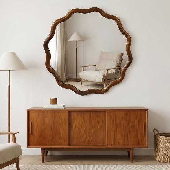 LiviNest 36 Inch Wavy Round Wall Mirror: Unique Solid Wood Frame Art - 1:1 Clear Reflection for Living Room & Bedroom - Easy Mount D-Ring Hardware Included