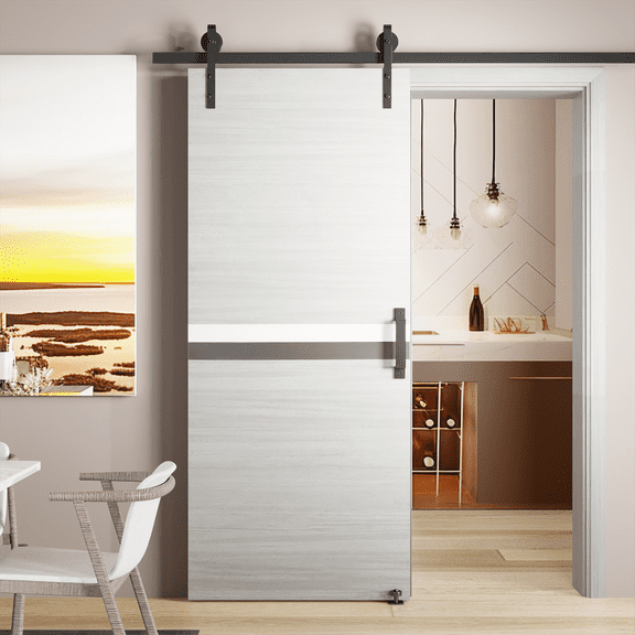 LiviNest 36" x 84" Barn Door Sliding Hardware Kit: Melamine Integrated Door Panel with 6.6FT Track System & Safety Features - Modern Gray Wood Grain Design for Small Commercial Spaces & Interior Part