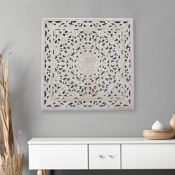 LiviNest 36x36 Inch Square Wall Decor: Handcrafted Wooden Floral Carving - Home Office Accent for Creative Professionals & Modern Living Room