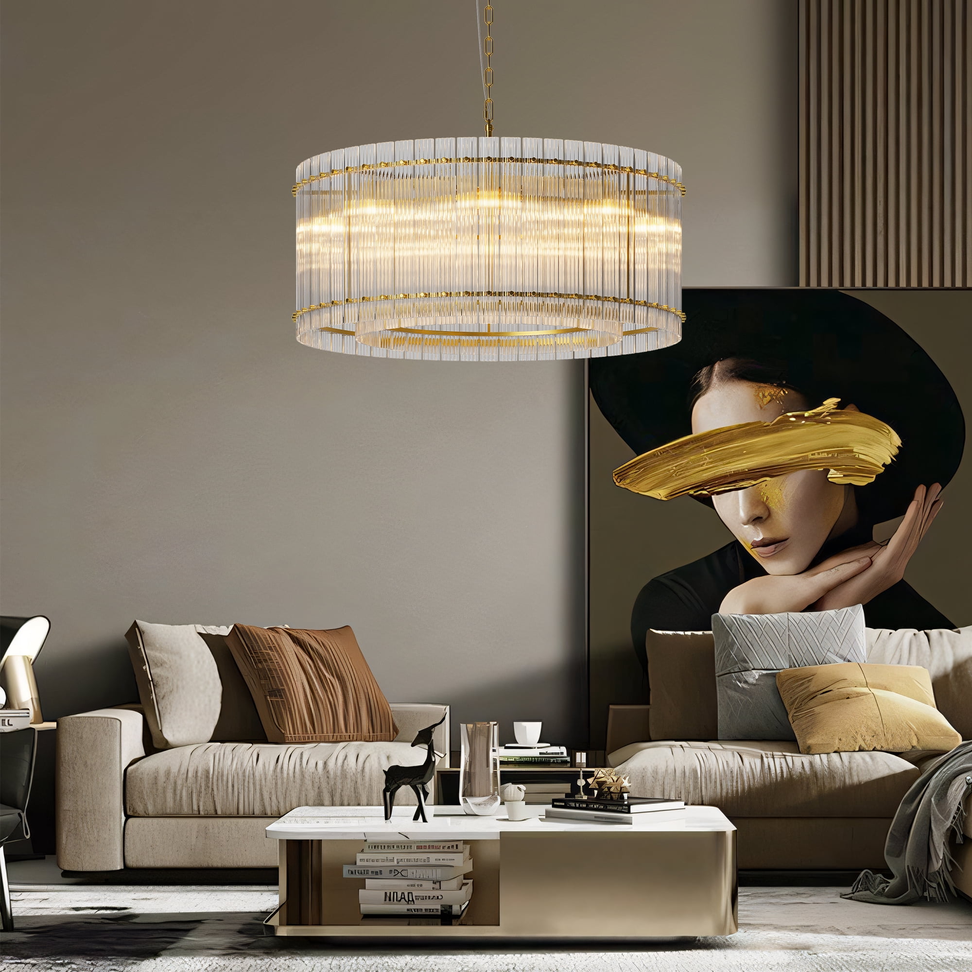 LiviNest Modern Chandelier for Living Room: 37" Gold Round 2-Tier 8 ...