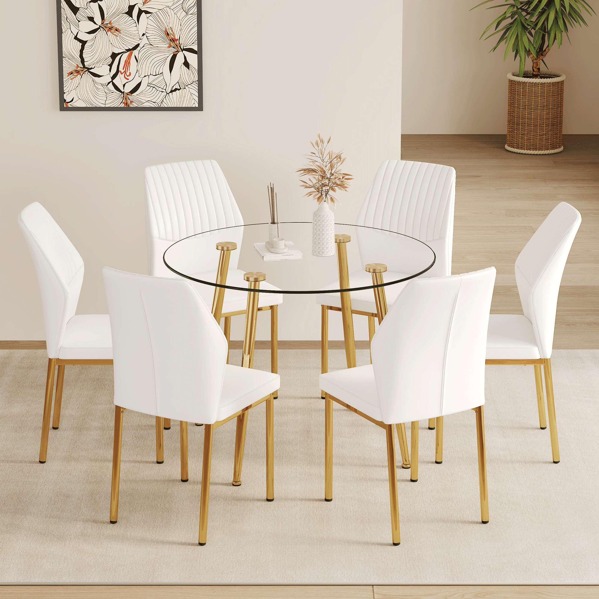 LiviNest 39.7 Inch Glass Dining Table Set: Modern Round Tempered Glass ...