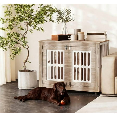 LiviNest 39 Inch Dog Crate Furniture with 2 Doors: Adjustable Non-Slip Feet & Side Table Design for Large Dogs - Walnut Brown Pet Kennel for Small Apartments & Living Room Use