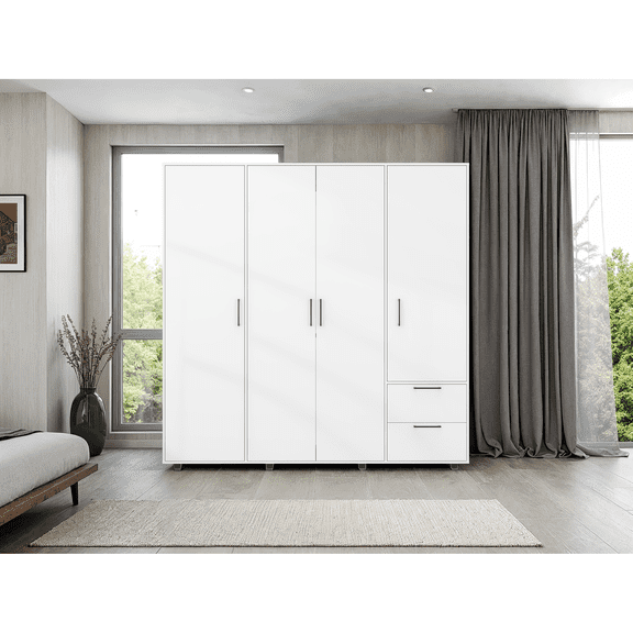 LiviNest 4-Door Wardrobe with Drawers for Bedroom, White Freestanding Closet Cabinet with Hanging Rod and Storage Drawers, 78.7 Inch Wide Particle Board Wardrobe
