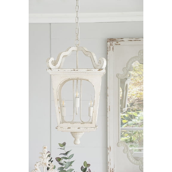 LiviNest 4-Light Wood Chandelier: Distressed White Fir Wood Rustic Hanging Lantern - Adjustable Chain Lighting Fixture for Country Inn Bedroom & Common Area Atmosphere Setting