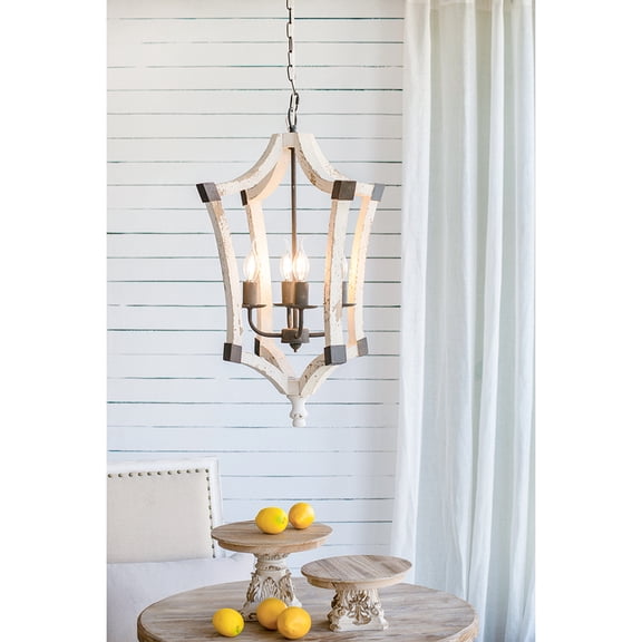 LiviNest 4-Light Wood Chandelier: Heavily Distressed White Finish with Iron Brackets - Industrial Farmhouse Style Hanging Light Fixture for Rustic Lodge Cabin Dining Room Foyer Entryway Decor