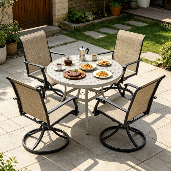 LiviNest 4-Piece Outdoor Patio Dining Set, Round Table with Umbrella Hole, 360 Swivel & Rocking Chairs, Weather-Resistant Metal Frame for Backyard Poolside