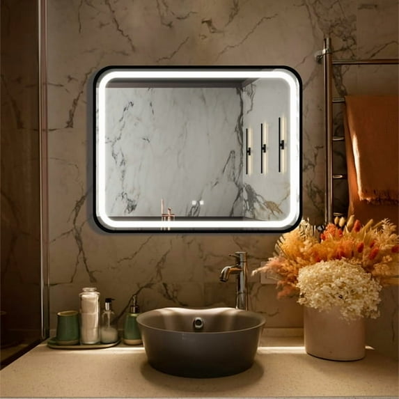 LiviNest 40x32 Inch Anti-Fog LED Bathroom Mirror: 1-Second Fog Clear & Studio-Grade Lighting - 45-Year Lifespan for Home Spa & Makeup Vanity - Black Metal Frame & Wall Switch Control