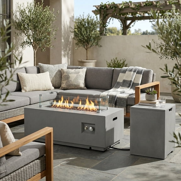 LiviNest 42" Rectangular Propane Fire Pit Table, 50000 BTU Steel Fire Pit with Glass Wind Guard, Pulse Ignition for Patio Deck Garden Courtyard