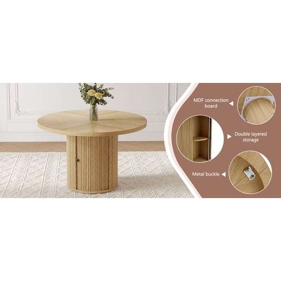 LiviNest 47.2 inch Round Dining Table with Double Layer Storage, Anti-Tip Pedestal Base, Wood Grain Finish, Seats 4-6